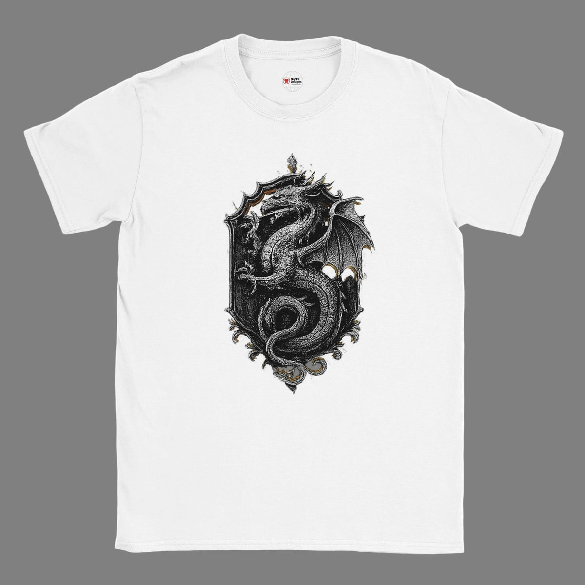 White t-shirt with a black dragon design on a white background
