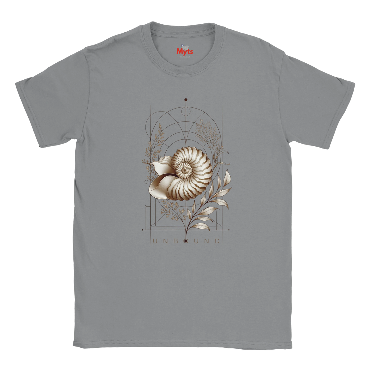 “Front view of a sports grey Unbound Nautilus T-shirt with seashell, botanical and geometric artwork.”