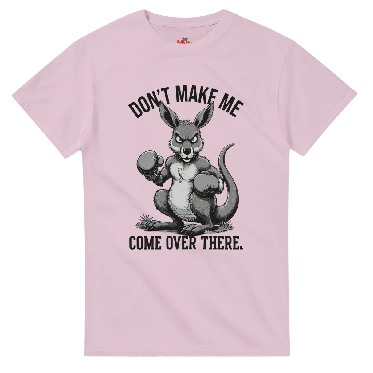 Pink t-shirt with a kangaroo graphic and text on a white background