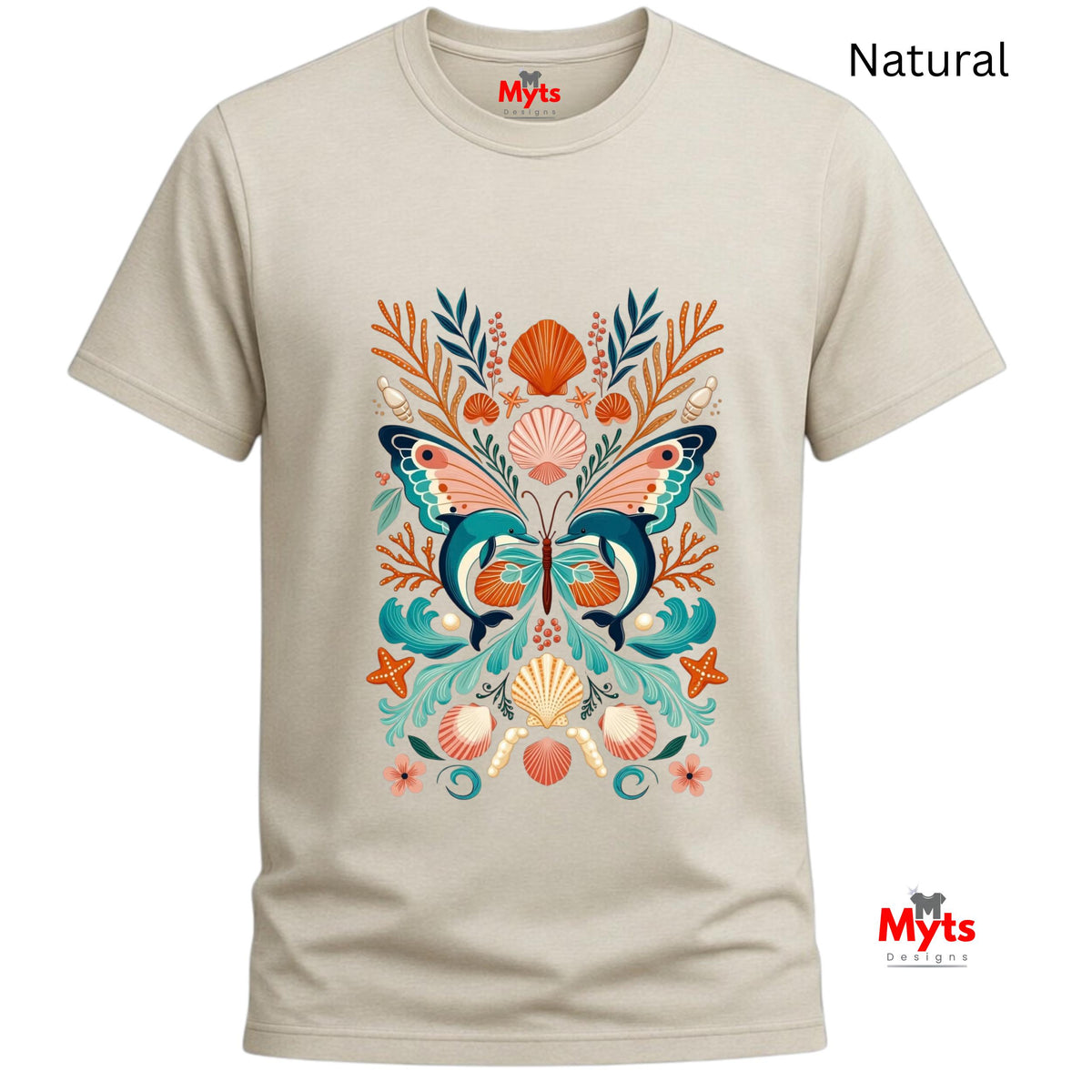 Natural cream graphic T-shirt with a colourful dolphin butterfly design surrounded by coral and shells.