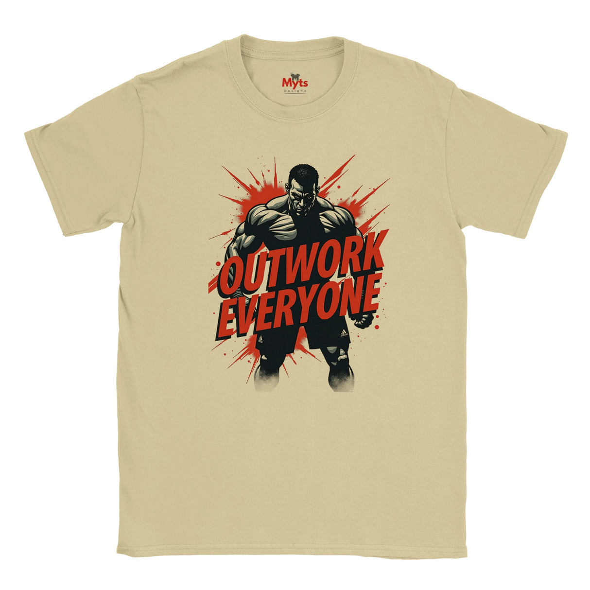 Neutral t-shirt with a graphic of a muscular figure and 'Outwork Everyone' text on a white background