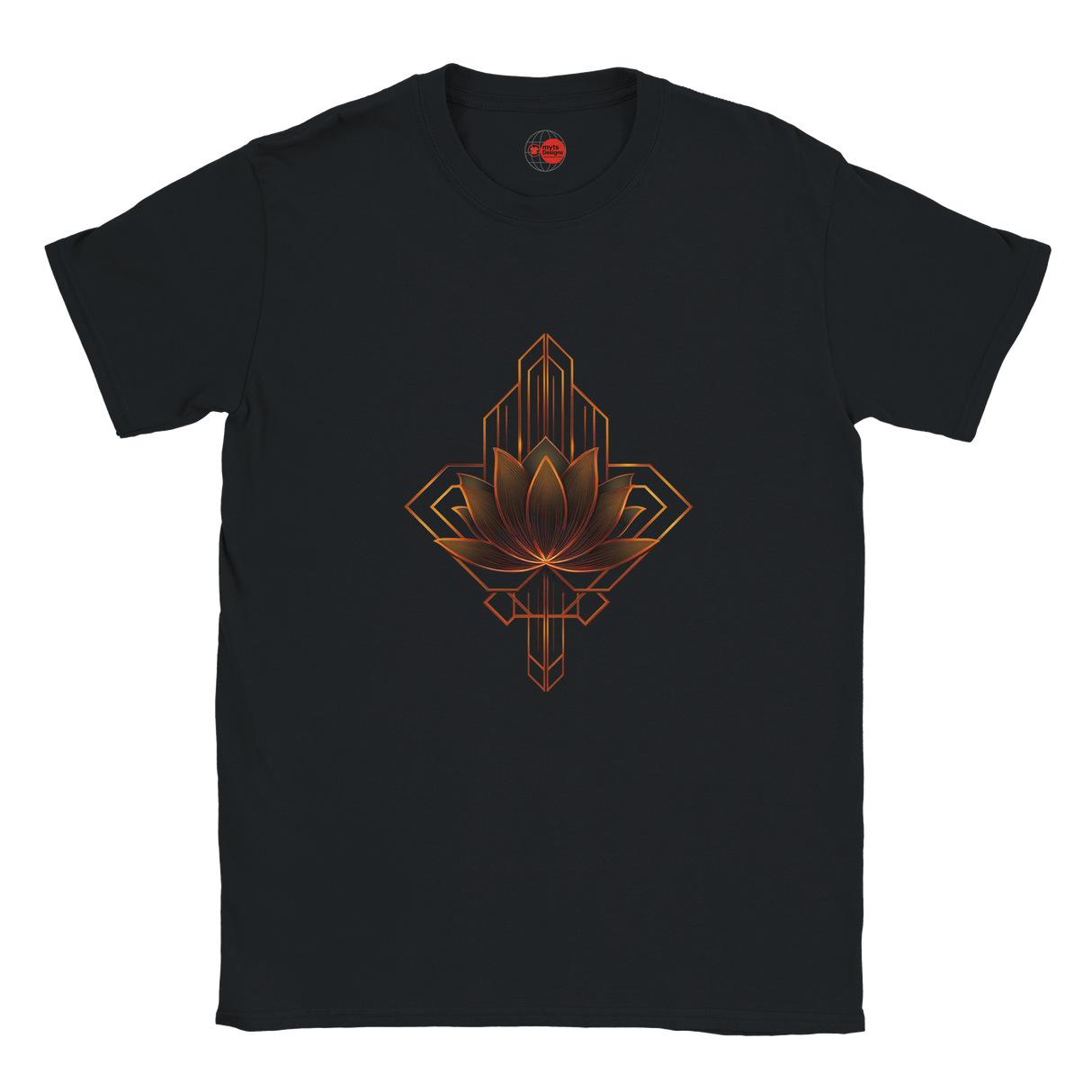 Black t-shirt with a geometric lotus design on a white background