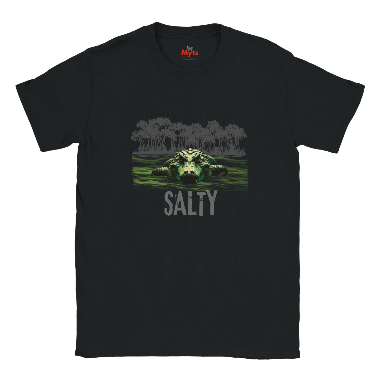 Black t-shirt with a graphic of a bear in water and 'Salty' text, brand 'Myts' visible.