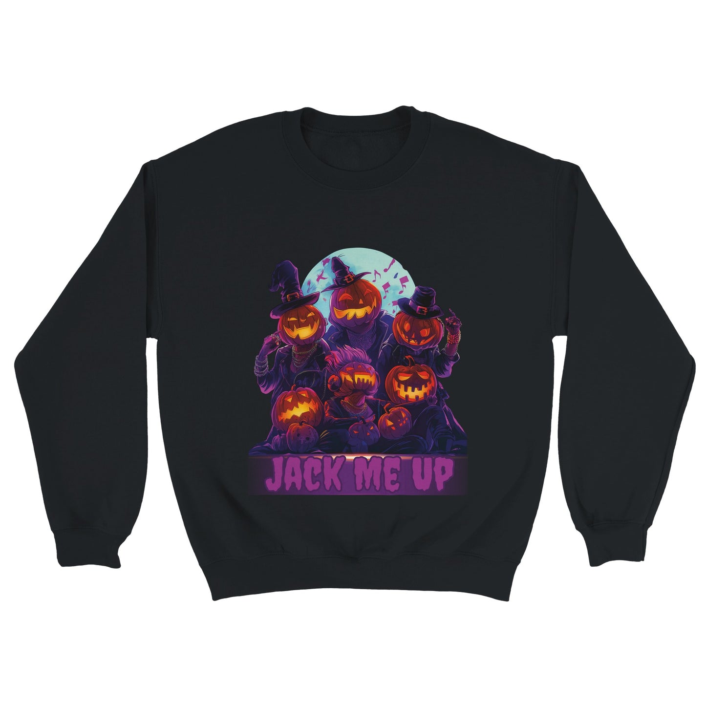 Black sweatshirt with Halloween-themed design featuring pumpkins and text on a white background