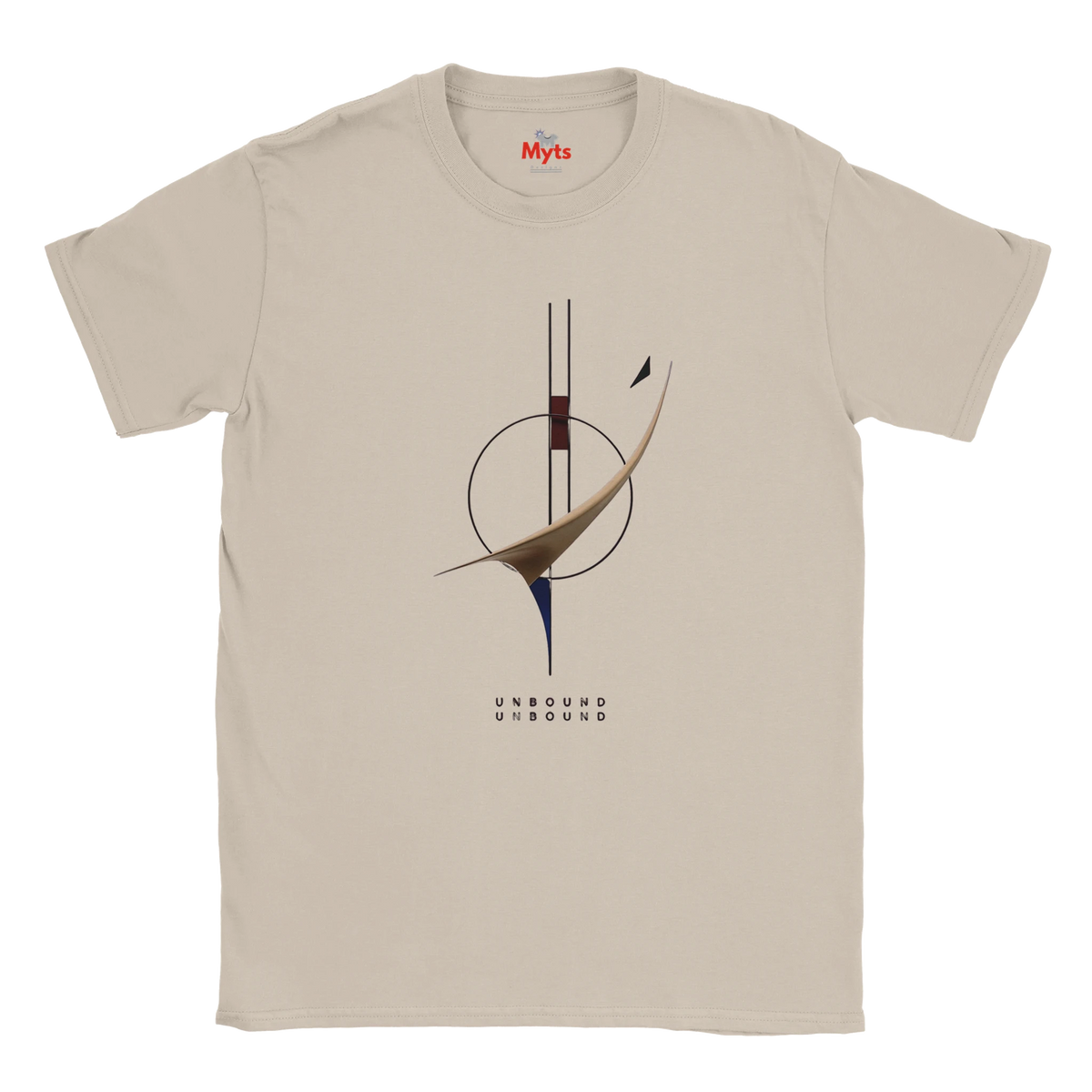 An Ice Grey crewneck t-shirt with a minimalist abstract graphic in the center. The graphic features a circular motif, a curved gold foil-like shape, and the word 'UNBOUND' printed below in a stylized font.