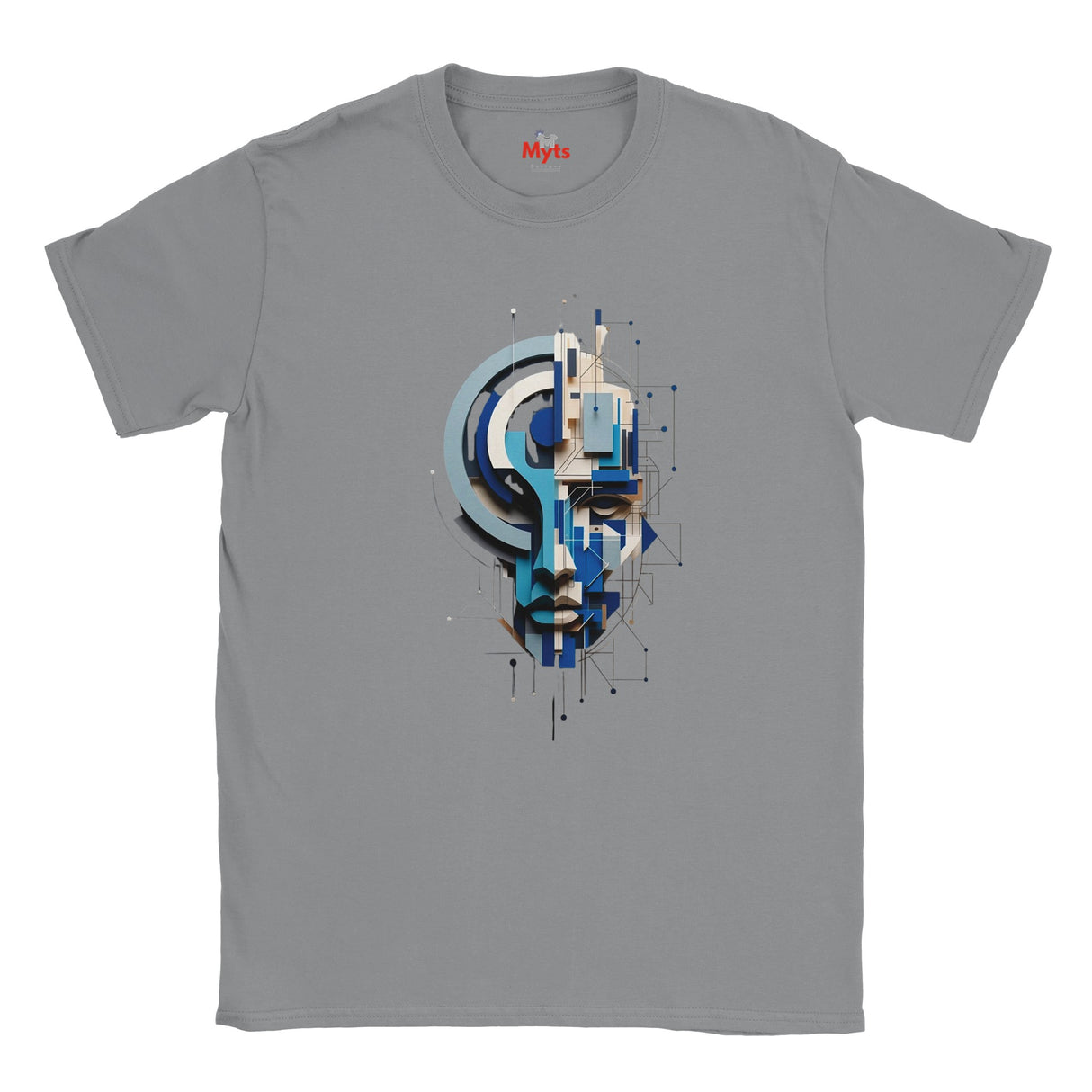 A ice gray crewneck t-shirt featuring a central graphic print of a stylized, geometric face in shades of blue, white, and black. The brand name 'Mylt' is printed in red inside the collar.