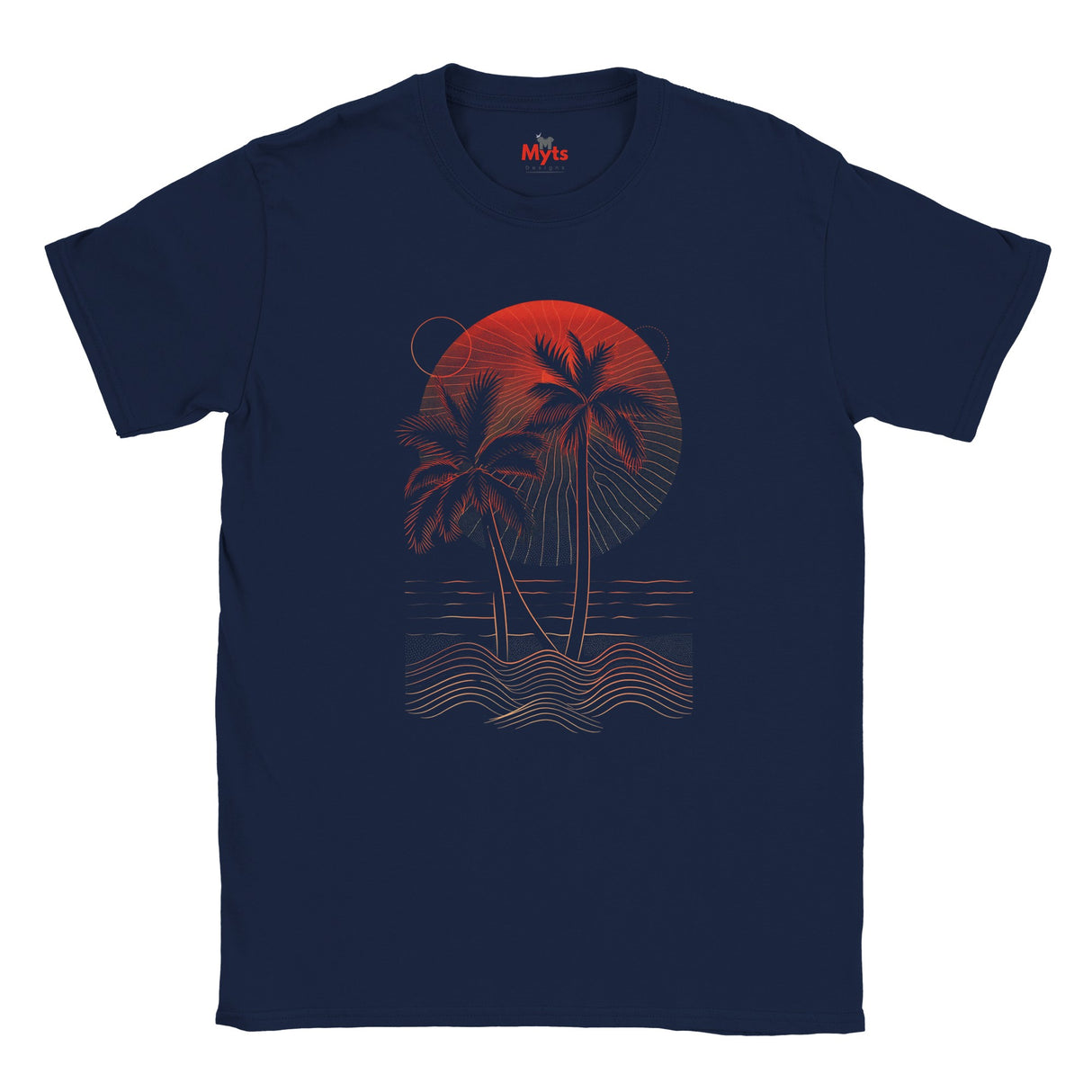Navy blue t-shirt with red palm tree and sunset design on a white background