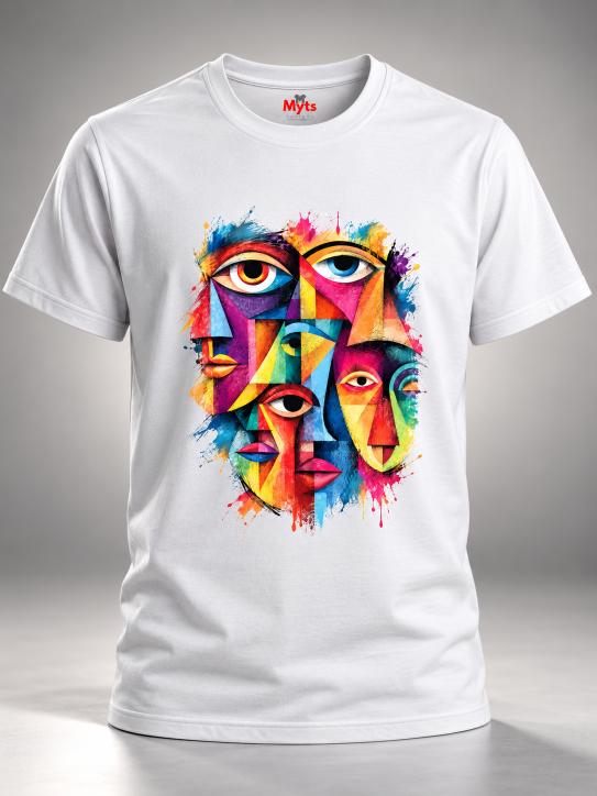 A white short-sleeve crewneck t-shirt featuring a colorful graphic print of multiple stylized faces with eyes, rendered in a vibrant watercolor splatter style. The brand name 'The MyIs' is visible on the inner neck label.
