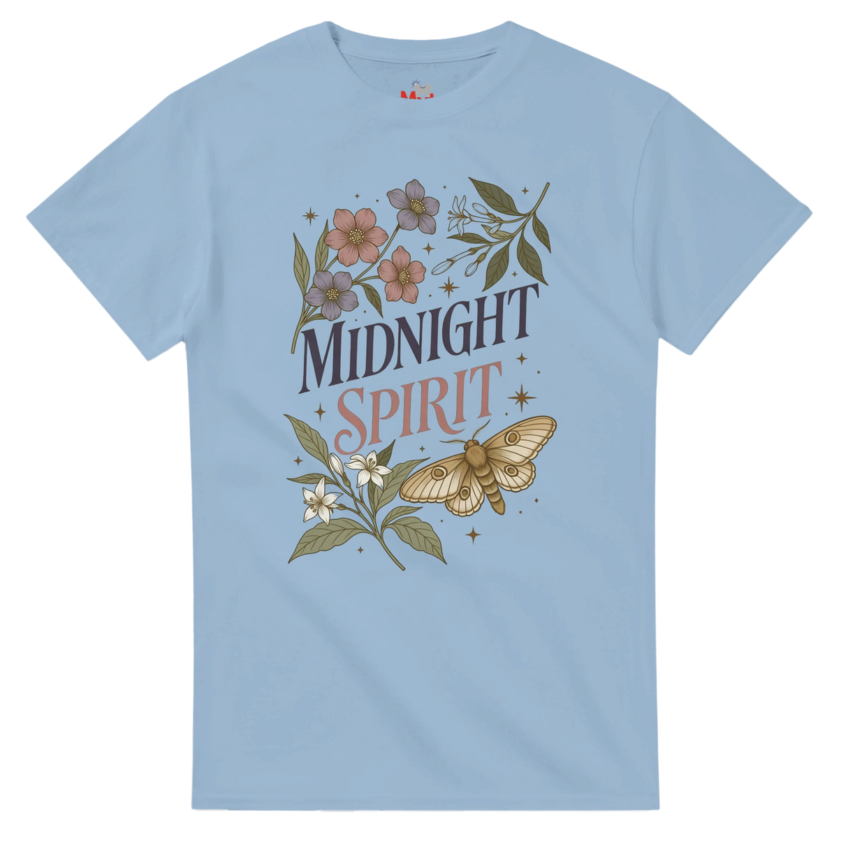 A light blue crewneck t-shirt featuring a 'Midnight Spirit' graphic print with a moth, flowers, and leaves on a solid white background.
