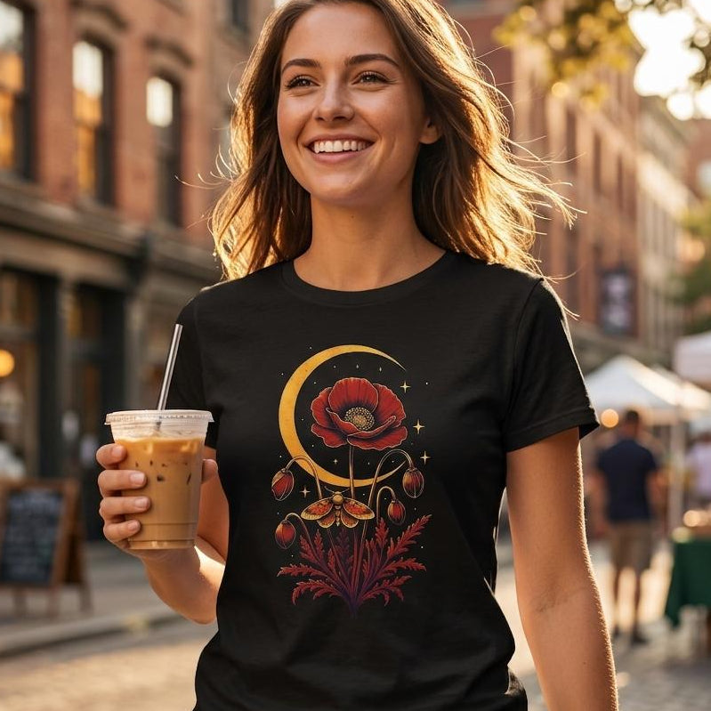 A woman smiling outdoors on a cobblestone street at sunset, wearing a black graphic T-shirt with a red poppy and crescent moon design, holding an iced coffee.