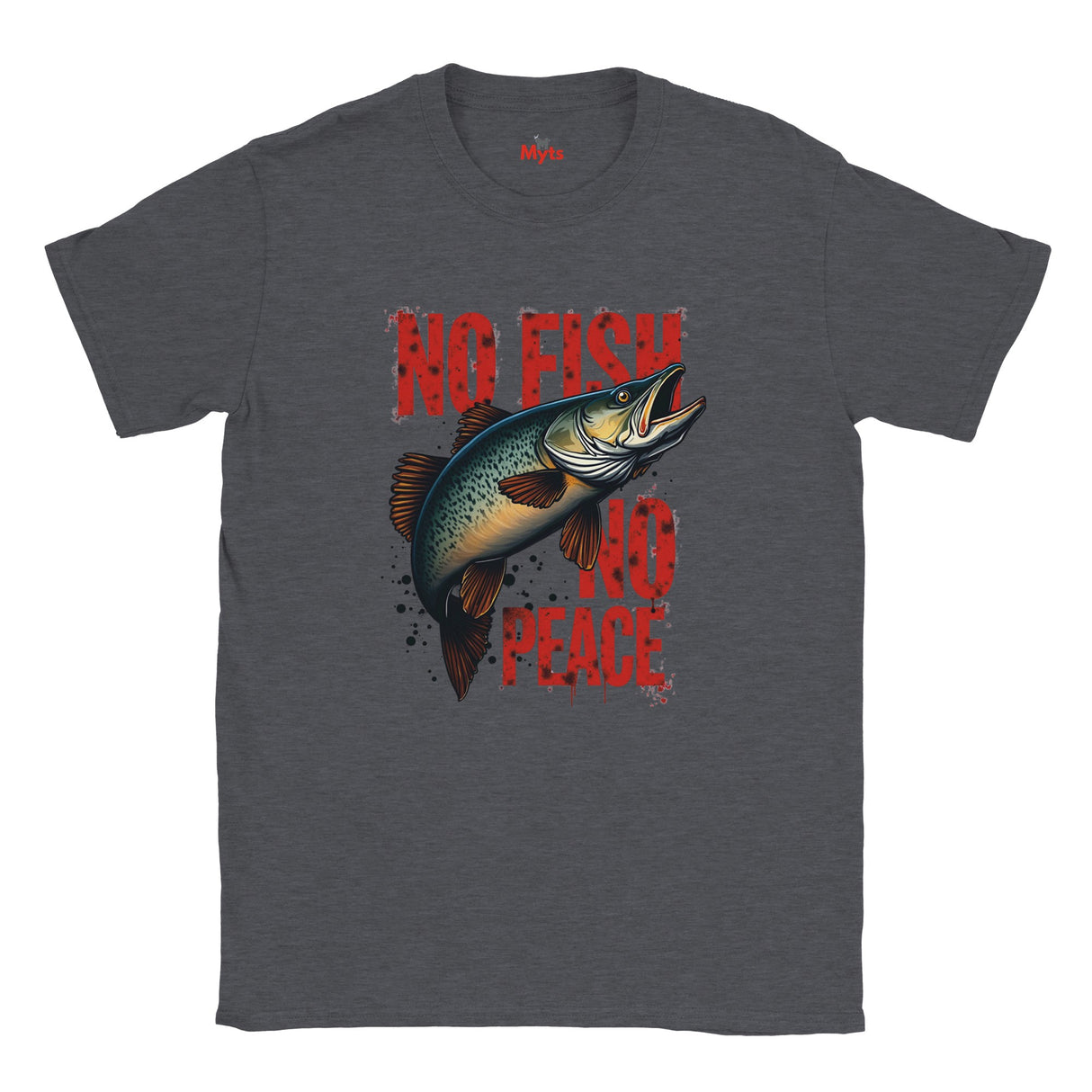 Dark Heather t-shirt with a fish graphic and 'No Fish No Peace' text on a white background