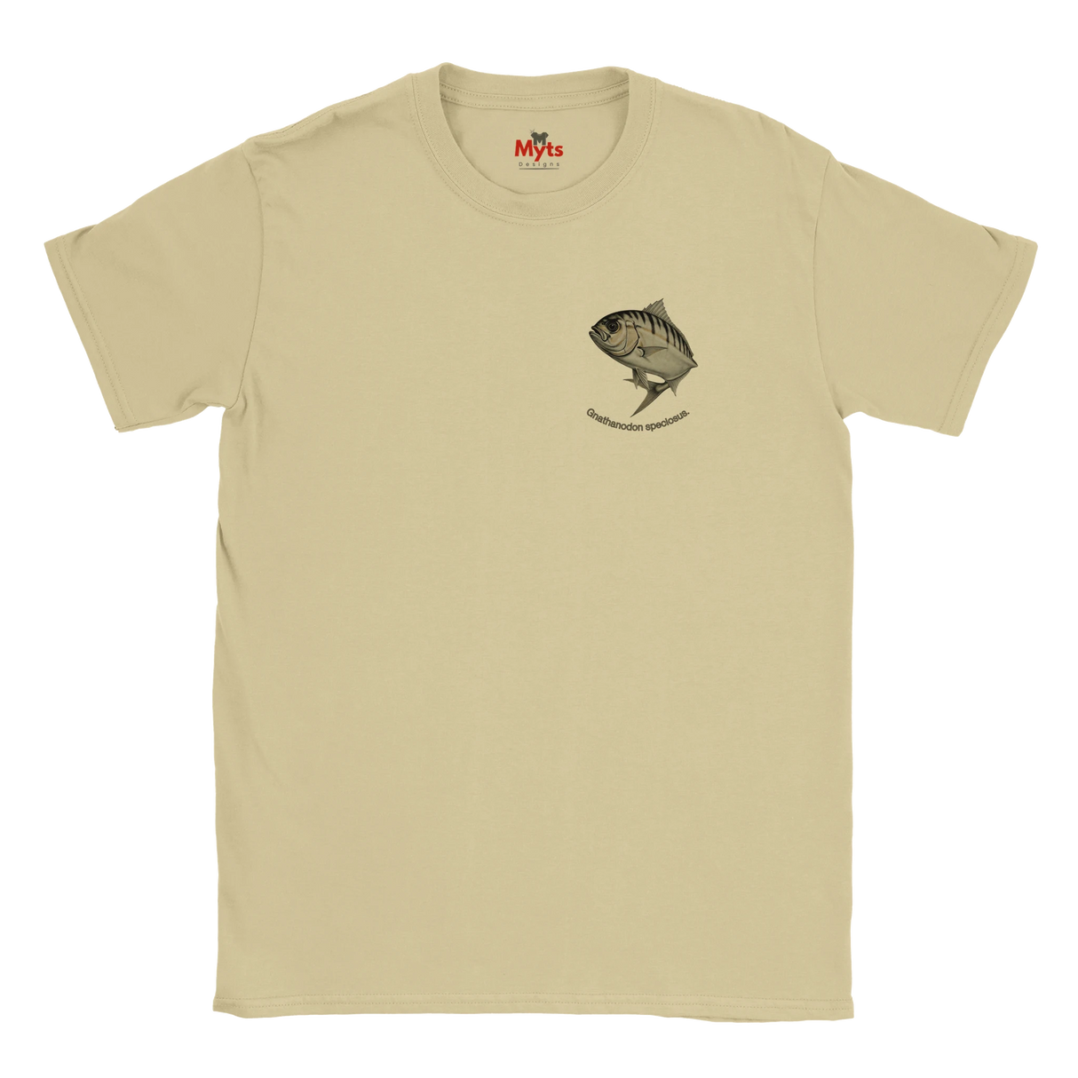 Natural t-shirt with a fish graphic and 'Myts' logo on a white background