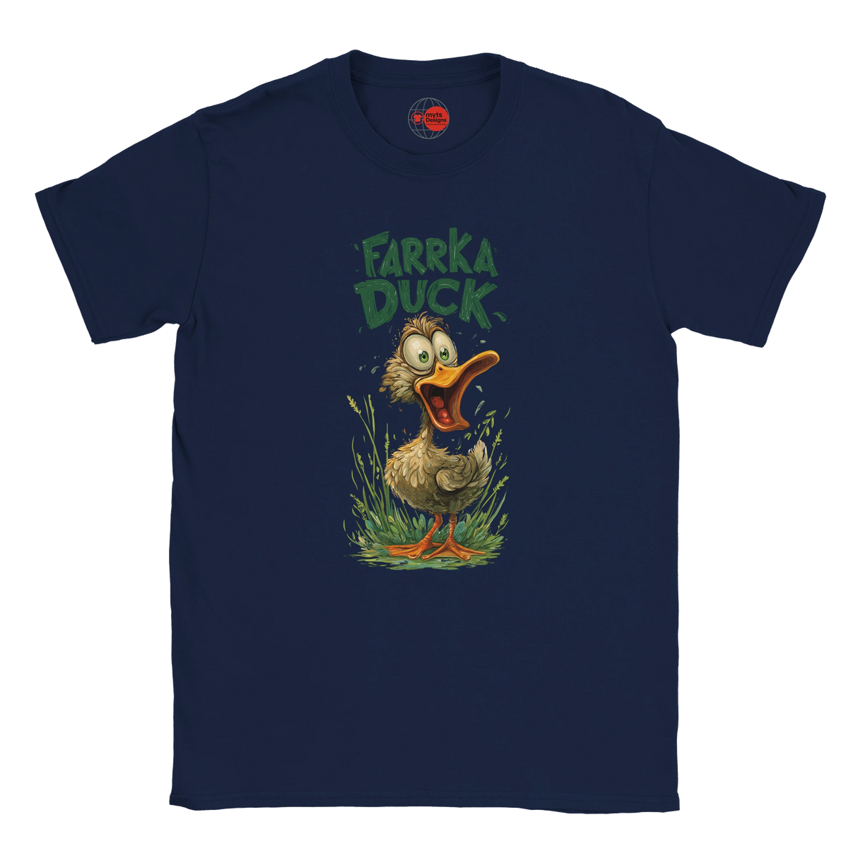 Navy blue t-shirt with 'Farrka Duck' graphic design on a white background