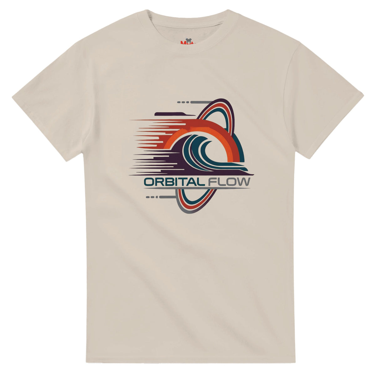 Sand t-shirt with 'Orbital Flow' graphic design on a white background