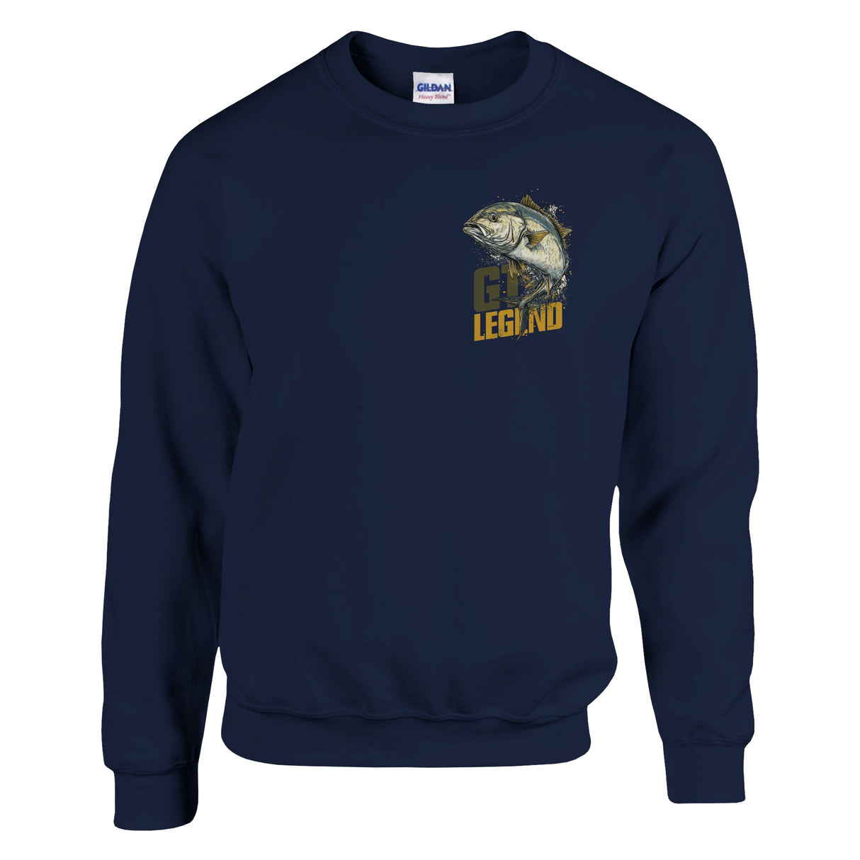 Navy blue sweatshirt with a fish graphic and text on a white background