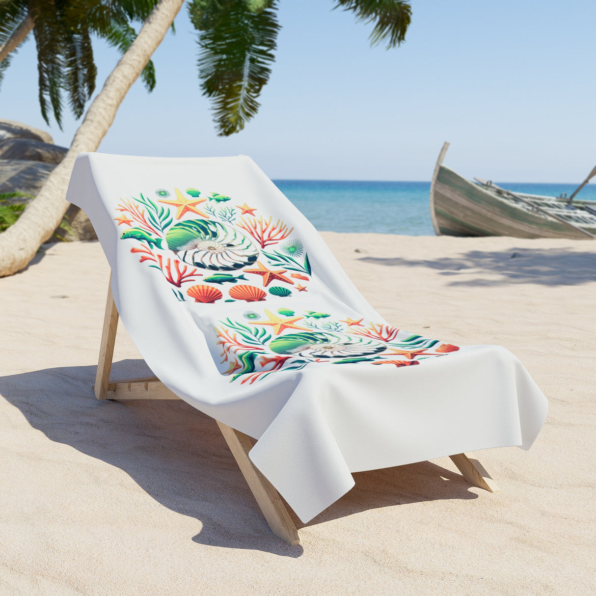 A white beach towel with colorful embroidered tropical floral and shell motifs, draped over a wooden lounge chair on a sandy beach with palm trees and the ocean in the background.