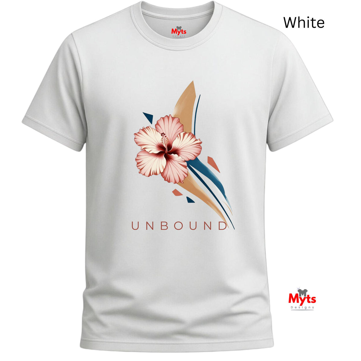 White crew-neck T-shirt featuring the UNBOUND pink hibiscus flower and minimalist navy and beige abstract design.