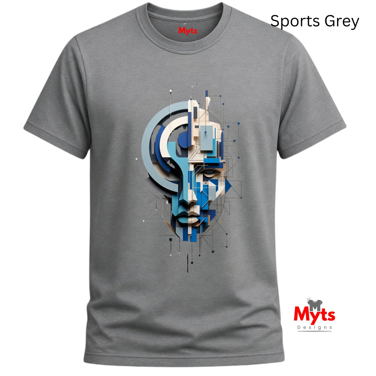 A grey short-sleeve t-shirt with a central graphic of a stylized face made of geometric shapes in blue, white, and beige. The text 'Sports Grey' is in the top right, and the 'Myts Designs' logo is in the bottom right corner.