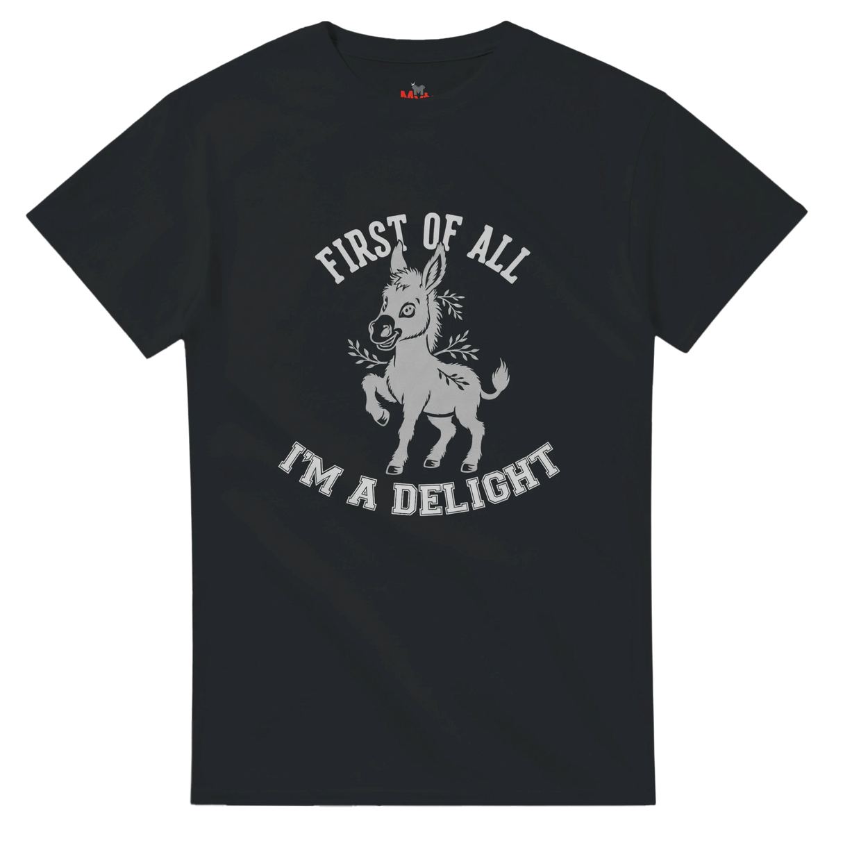 Black t-shirt with a white graphic of a donkey and text on a transparent background