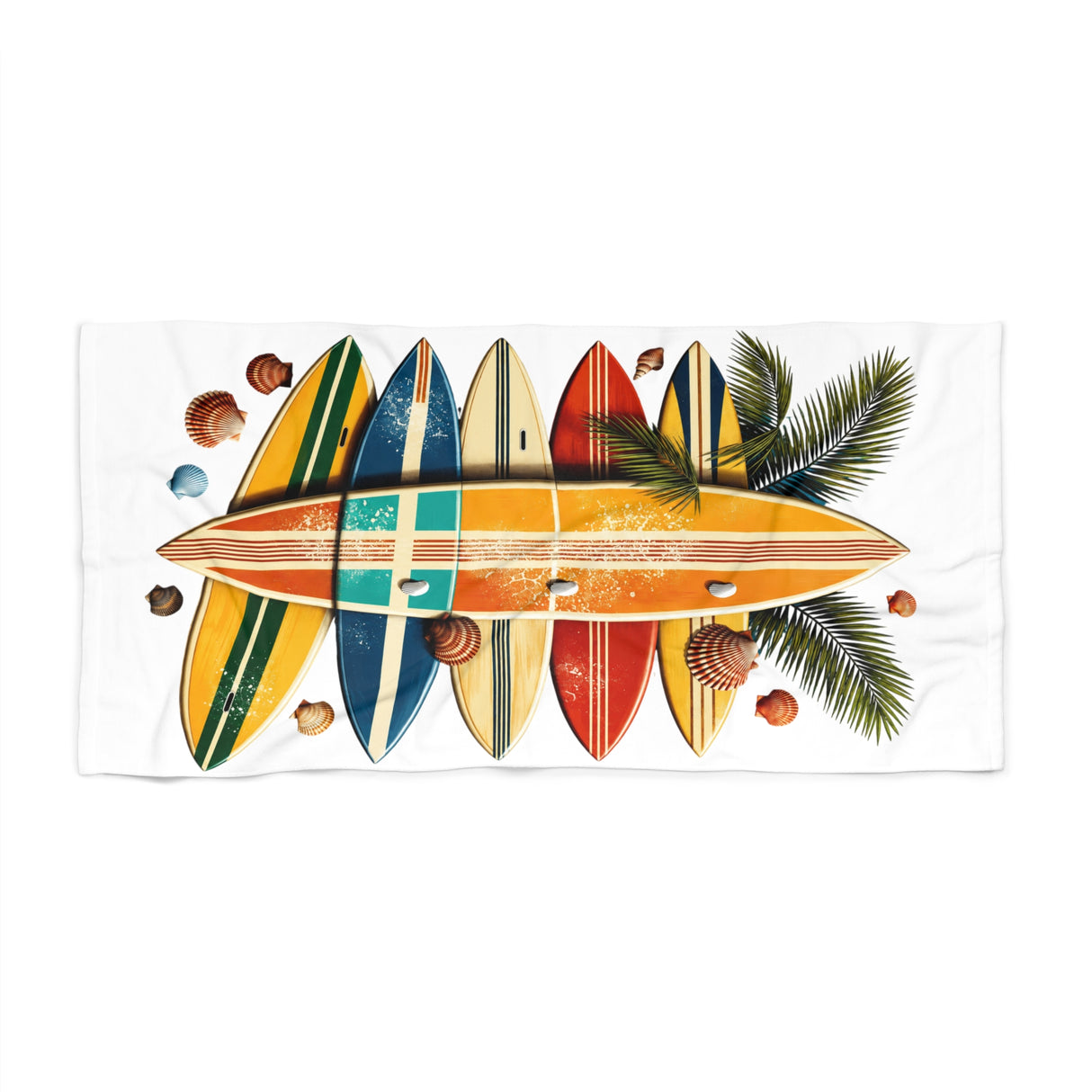 Colorful surfboard design on a towel with palm leaves and shells.