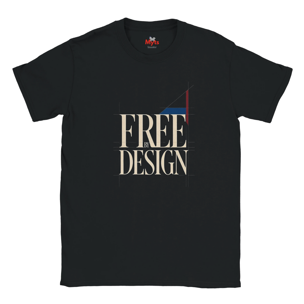 A black short-sleeve t-shirt with a graphic print on the front reading 'FREE BY DESIGN' in beige serif letters, accented with a red and blue geometric shape, shown on a plain white background.
