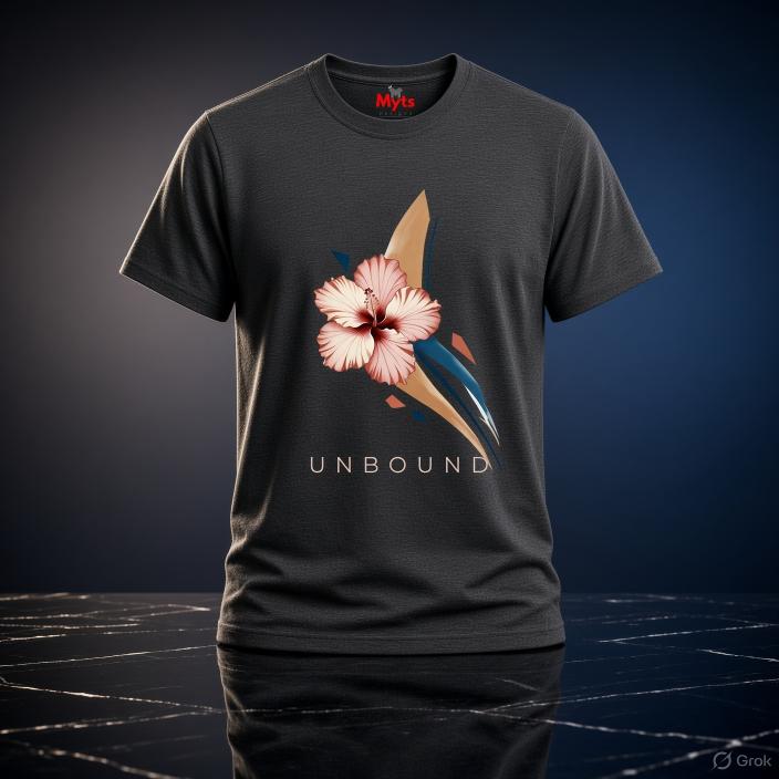 Dark Heather UNBOUND hibiscus T-shirt with pink flower and blue and gold abstract artwork against a dramatic studio background.
