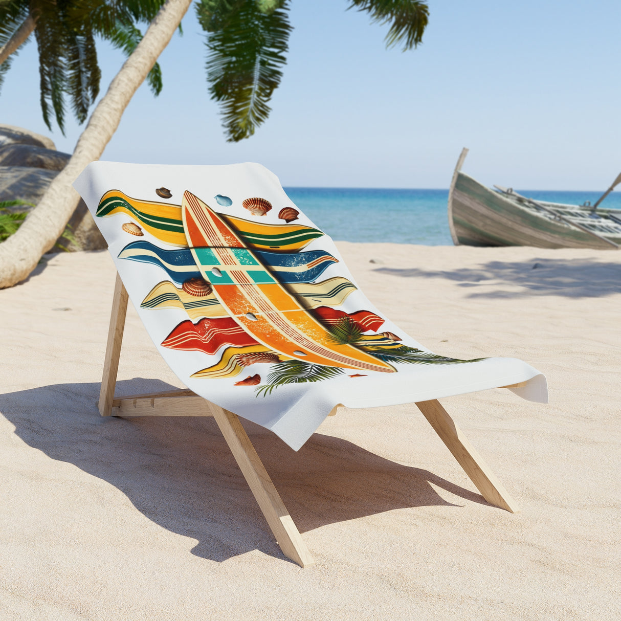 Colorful towel with wave design on a beach chair, palm trees, and ocean in the background