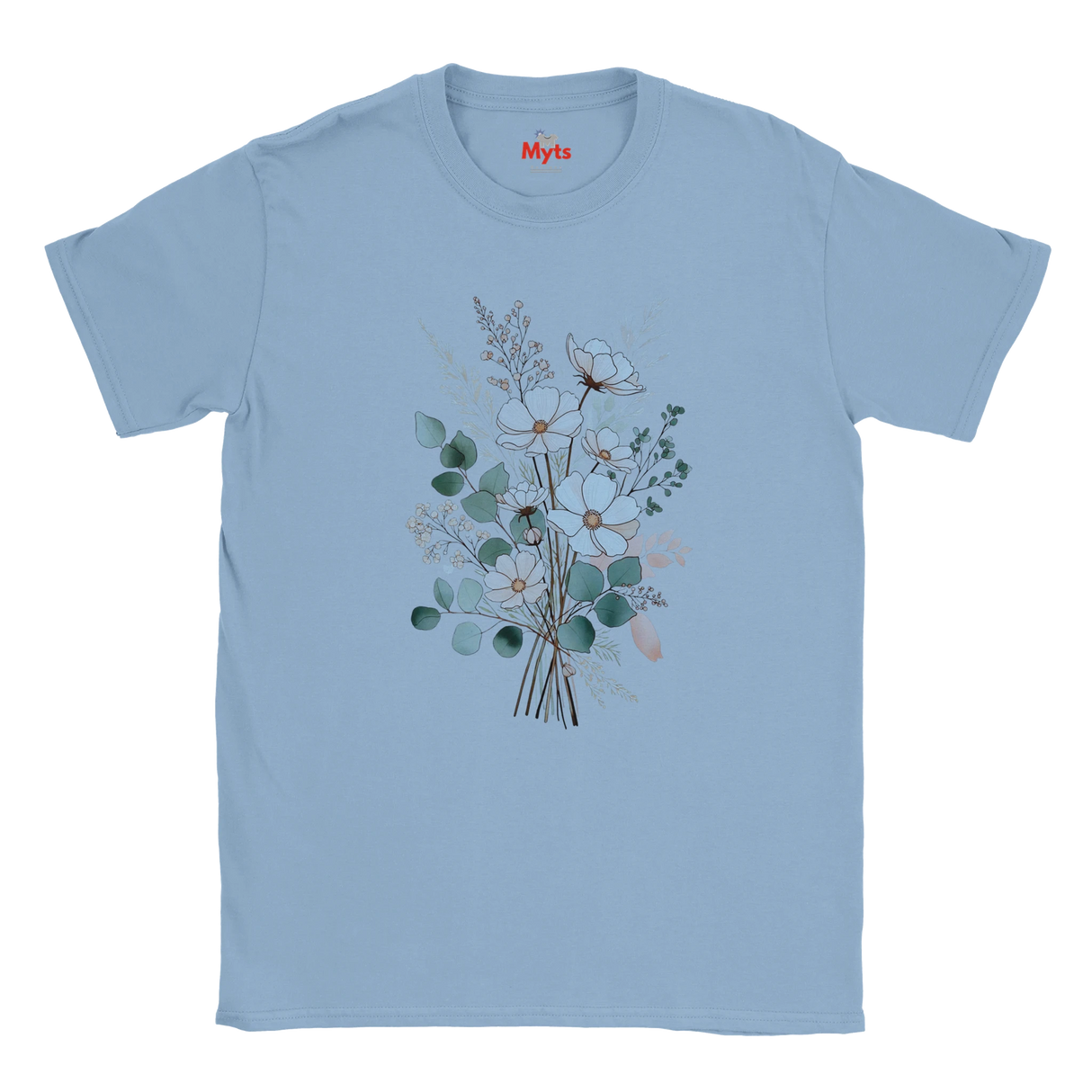 A light blue short-sleeve crewneck t-shirt featuring a central graphic of a watercolor-style floral bouquet with green, white, and peach blossoms. The brand name 'Myts' is printed in red on the inside neck label.