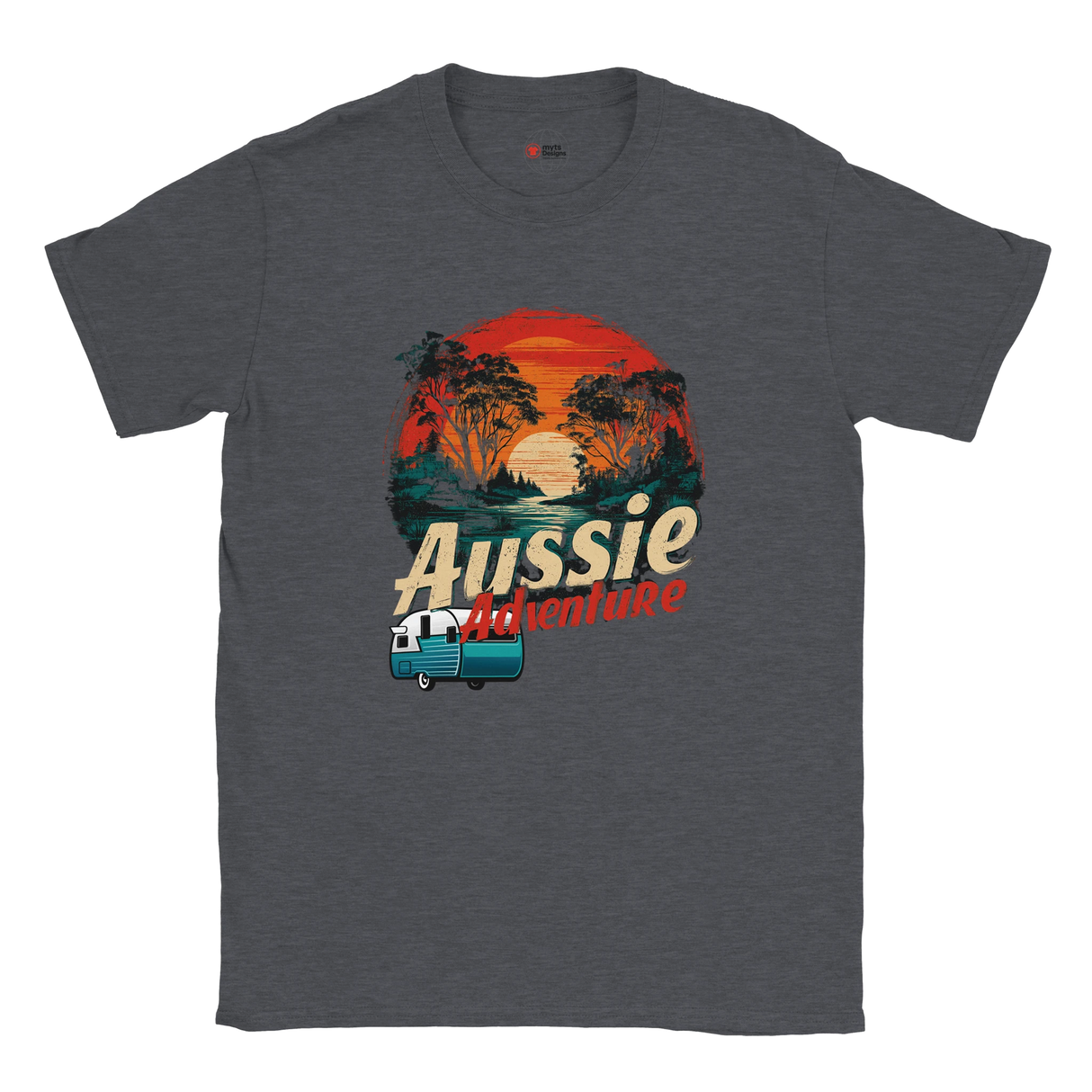 Dark Heather t-shirt with 'Aussie Adventure' graphic design on a white background