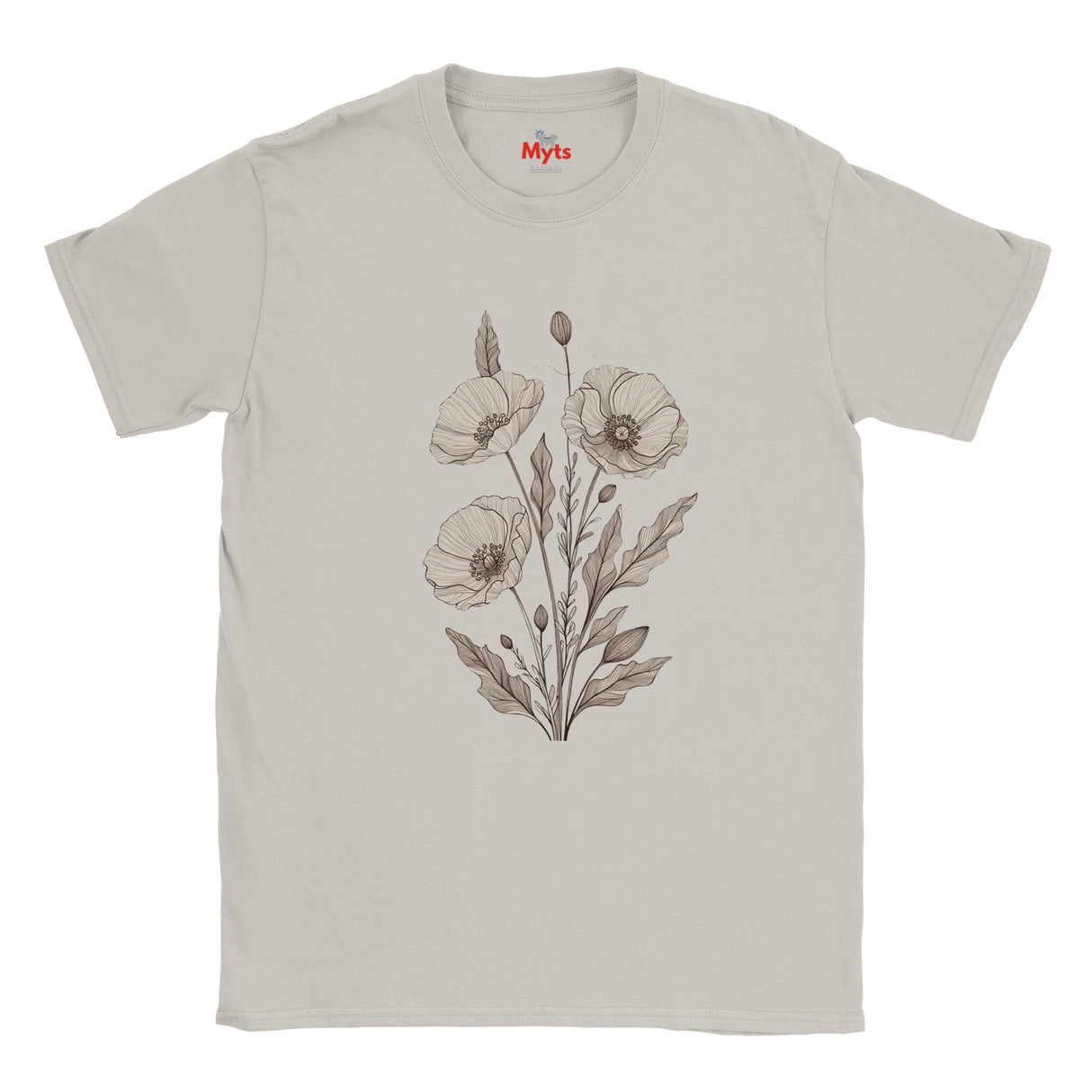 An Ice Grey minimalist poppy flower T-shirt featuring delicate neutral botanical floral line art by MytsDesigns.
