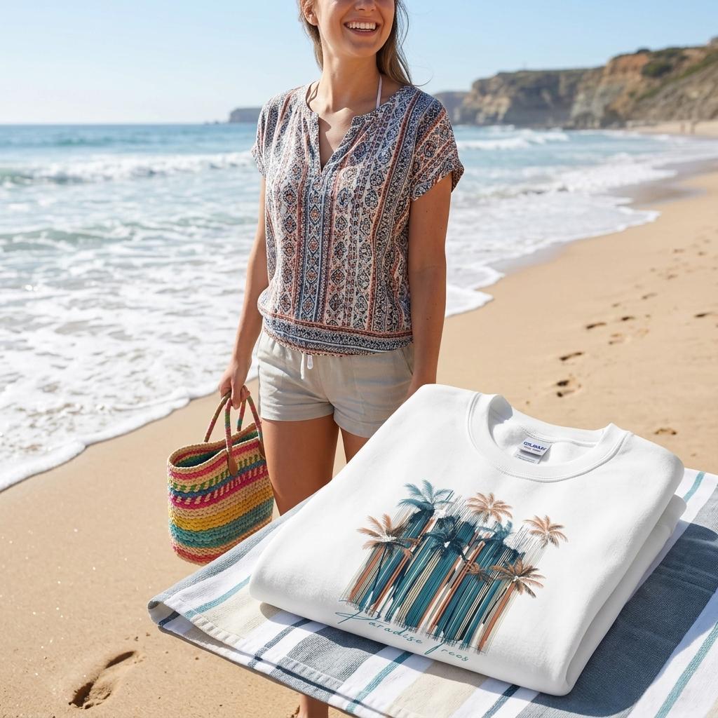 Woman on a beach with a colorful bag and a white sweatshirt with palm tree design.
