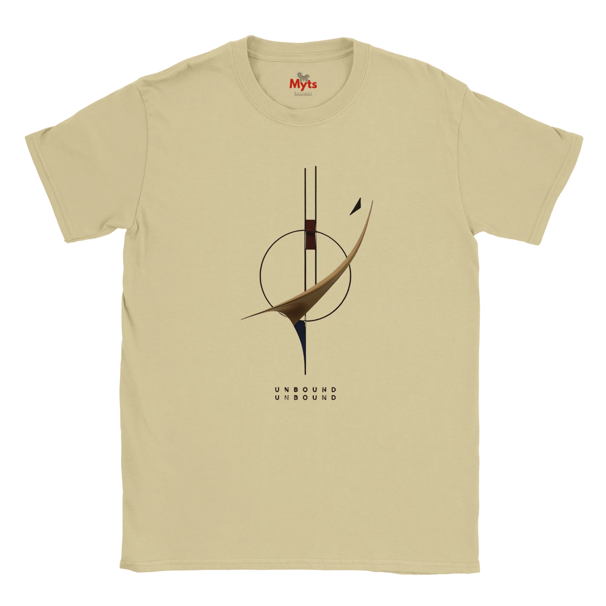 A Sand crewneck T-shirt with a minimalist graphic print in the center. The graphic features a circular motif with a curved brown and black line, and the word 'UNBOUND' printed below in a dotted font.