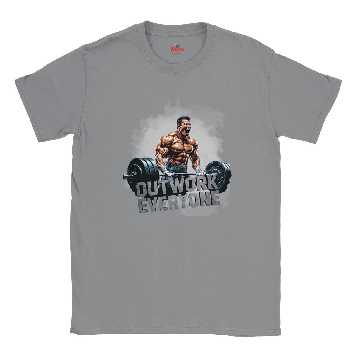 Gray t-shirt with a graphic of a muscular man lifting weights and the text 'Outwork Everyone' on a white background.