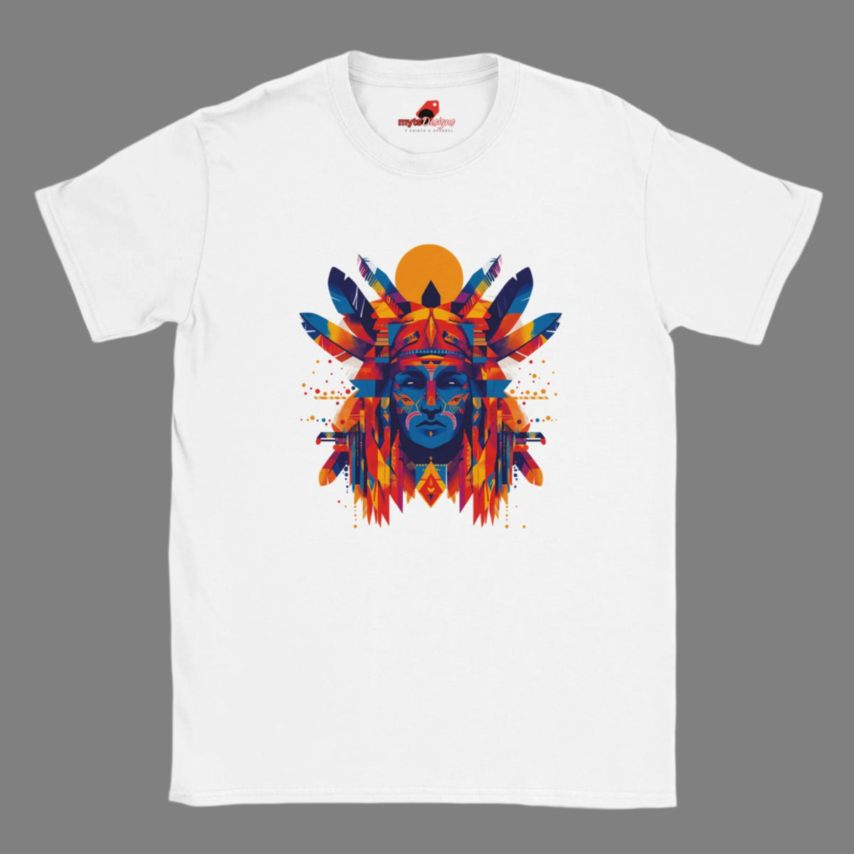 Front view of T-shirt with American Indian-style geometric vector design on white cotton fabric – soft unisex fit