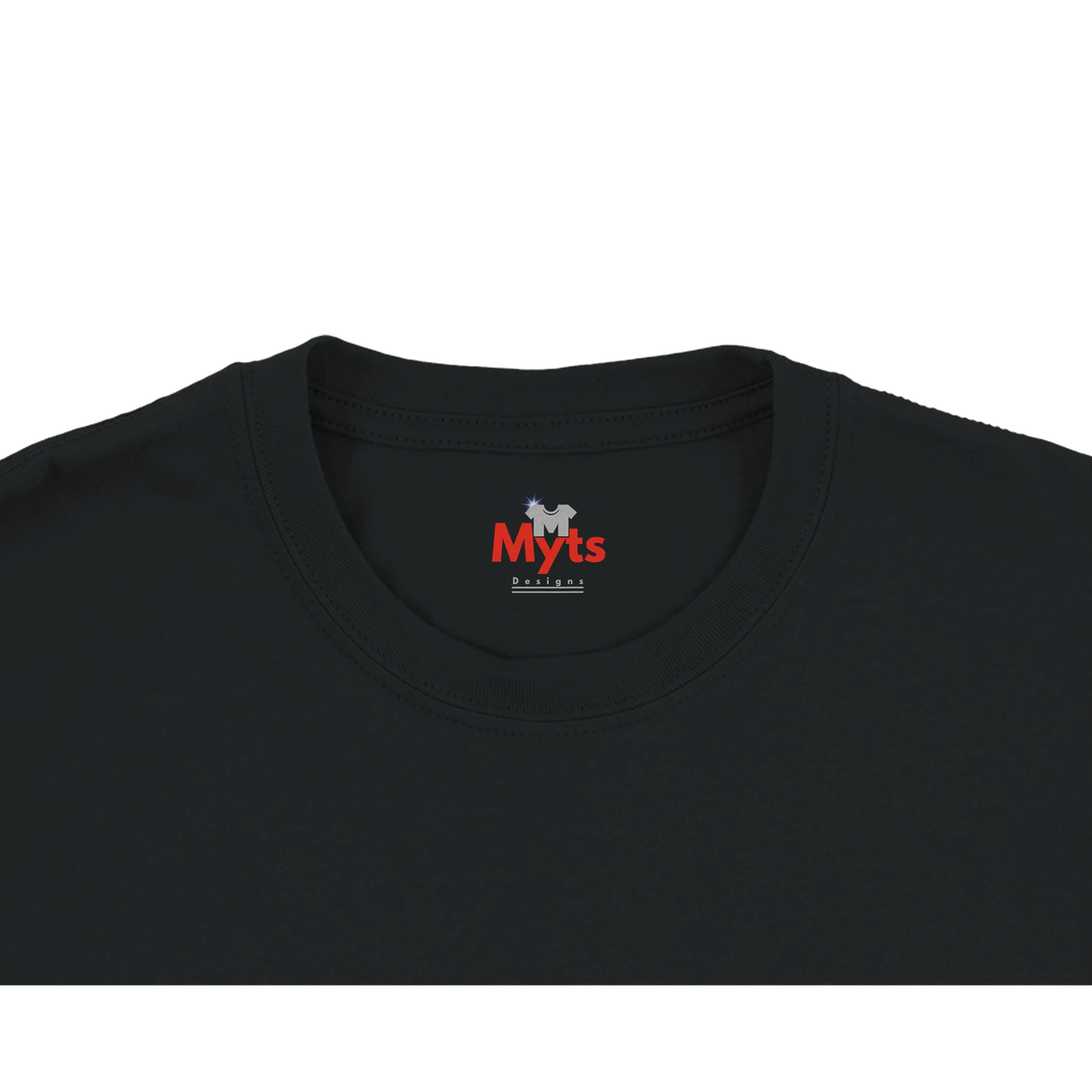Close-up of a black crewneck t-shirt showing the inner neck label with the red and white 'Myts' brand logo.