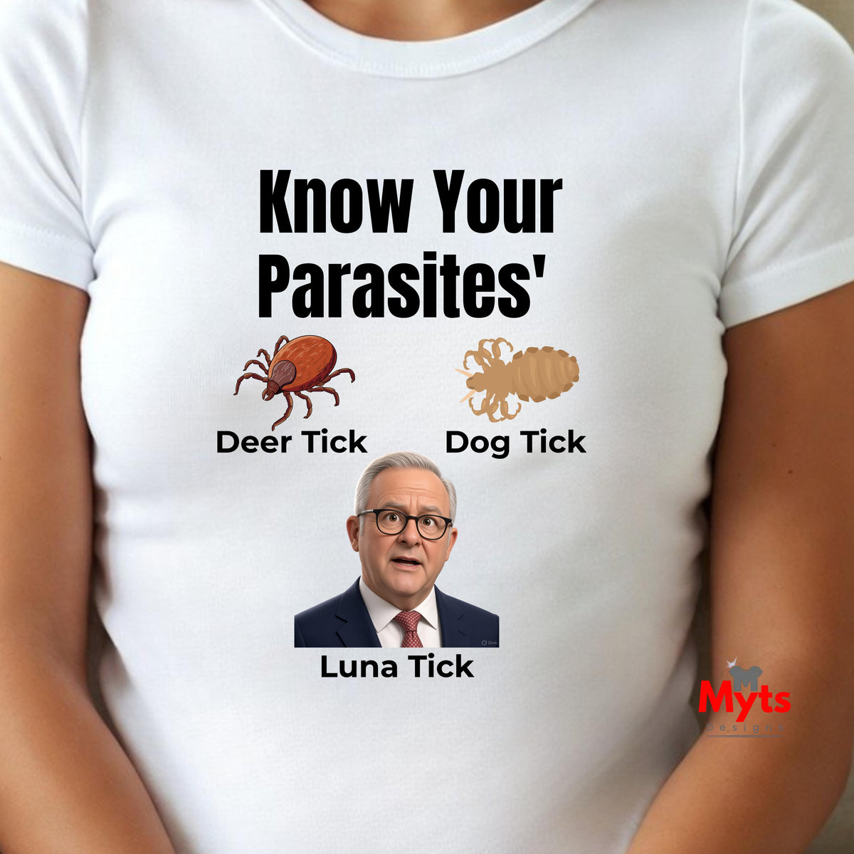 Front view of a white crew-neck T-shirt featuring Know Your Parasites Australian political satire design.