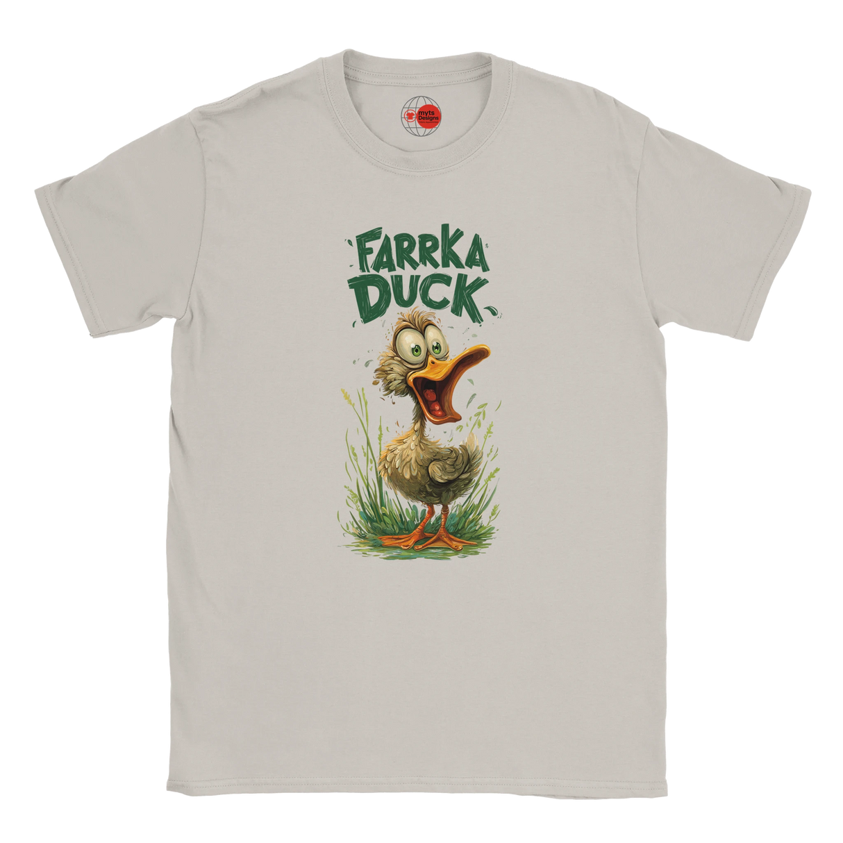 White t-shirt with a cartoon duck graphic and 'Farrka Duck' text on a white background