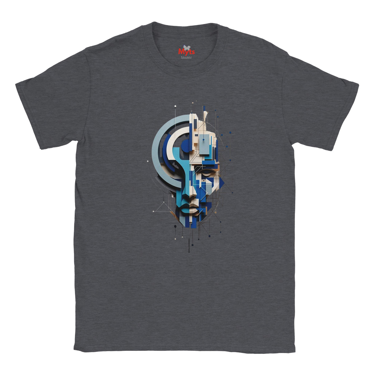A dark heather gray crewneck t-shirt featuring a central graphic print of a stylized face composed of blue, white, and beige geometric shapes.