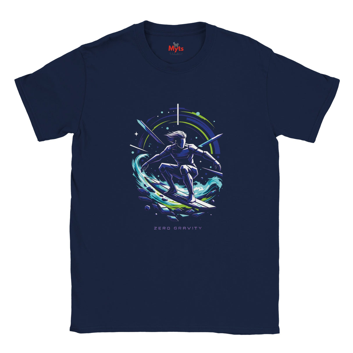 Navy blue t-shirt with a space-themed graphic of a person on a surfboard, branded 'Myts'.