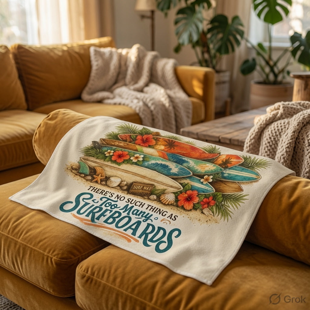 Decorative blanket with surfboard design and text on a brown couch in a living room.
