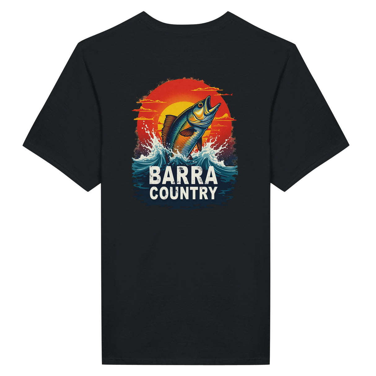 Black t-shirt with a fish graphic and 'Barra Country' text on a white background