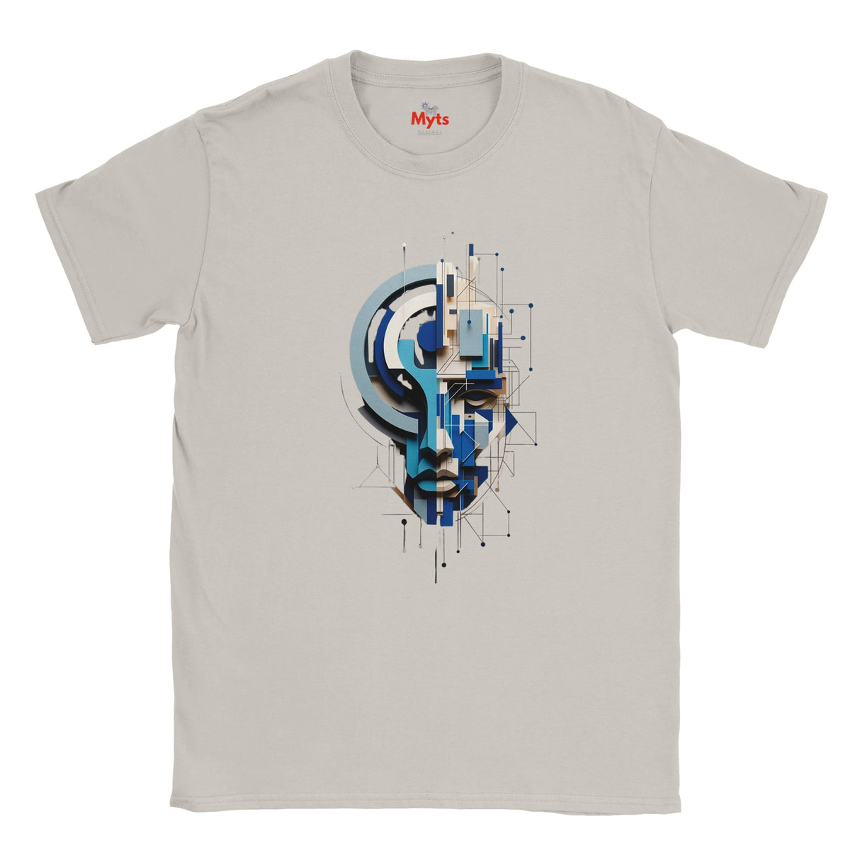 A natural crewneck t-shirt featuring a central graphic print of a stylized human face composed of blue, black, and white geometric shapes and lines. The brand name 'Myts' is printed in red inside the collar.