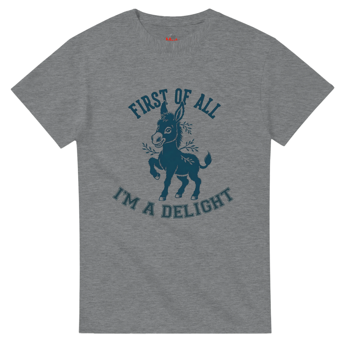 Gray t-shirt with a donkey graphic and text on a white background