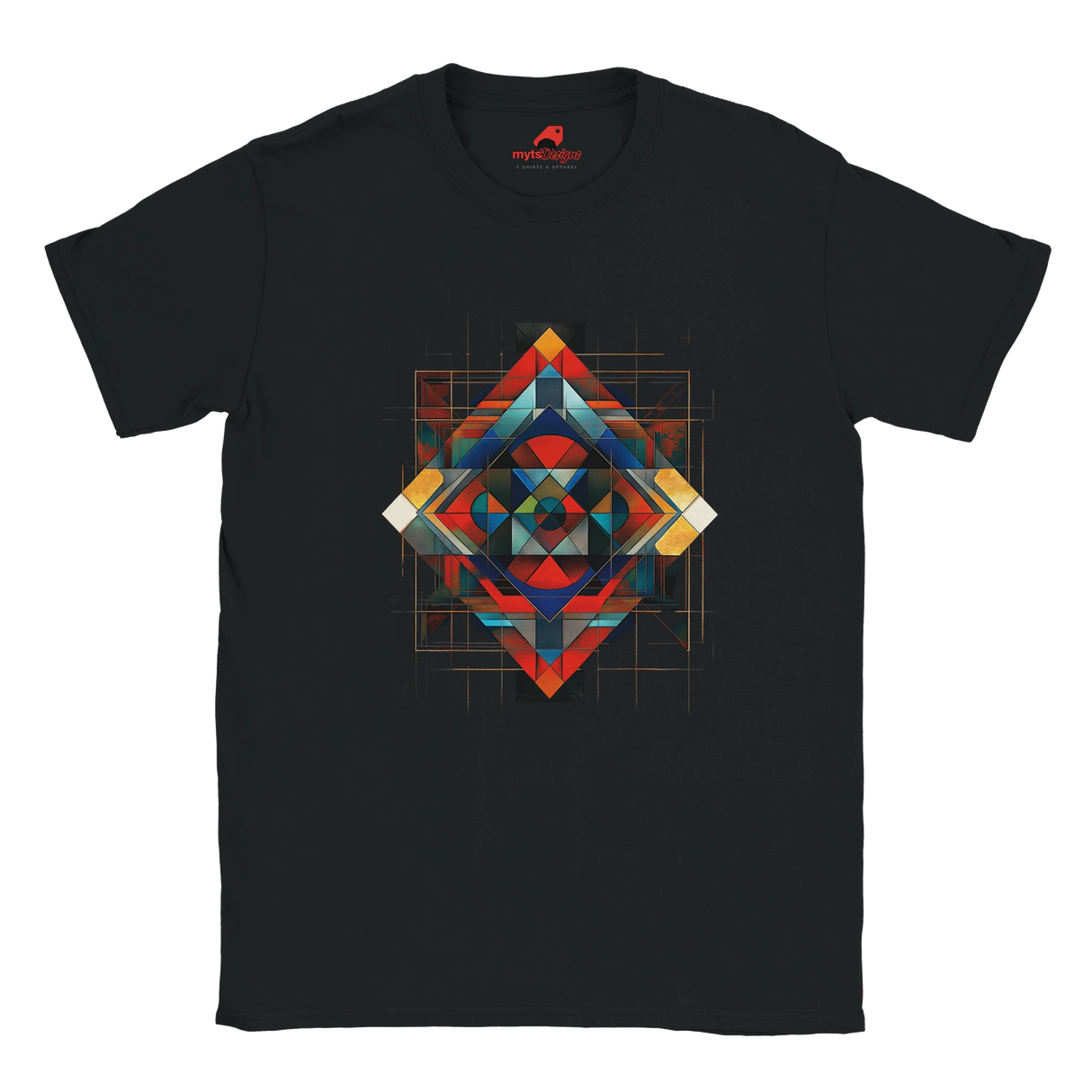 Black unisex T-shirt featuring an intricate symmetrical geometric pattern in vibrant blues, oranges, reds, and metallic tones, tribal and modern art fusion design by MytsDesigns.com