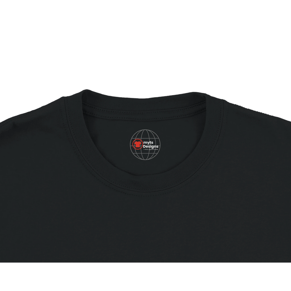 Black t-shirt with a logo on the collar against a white background