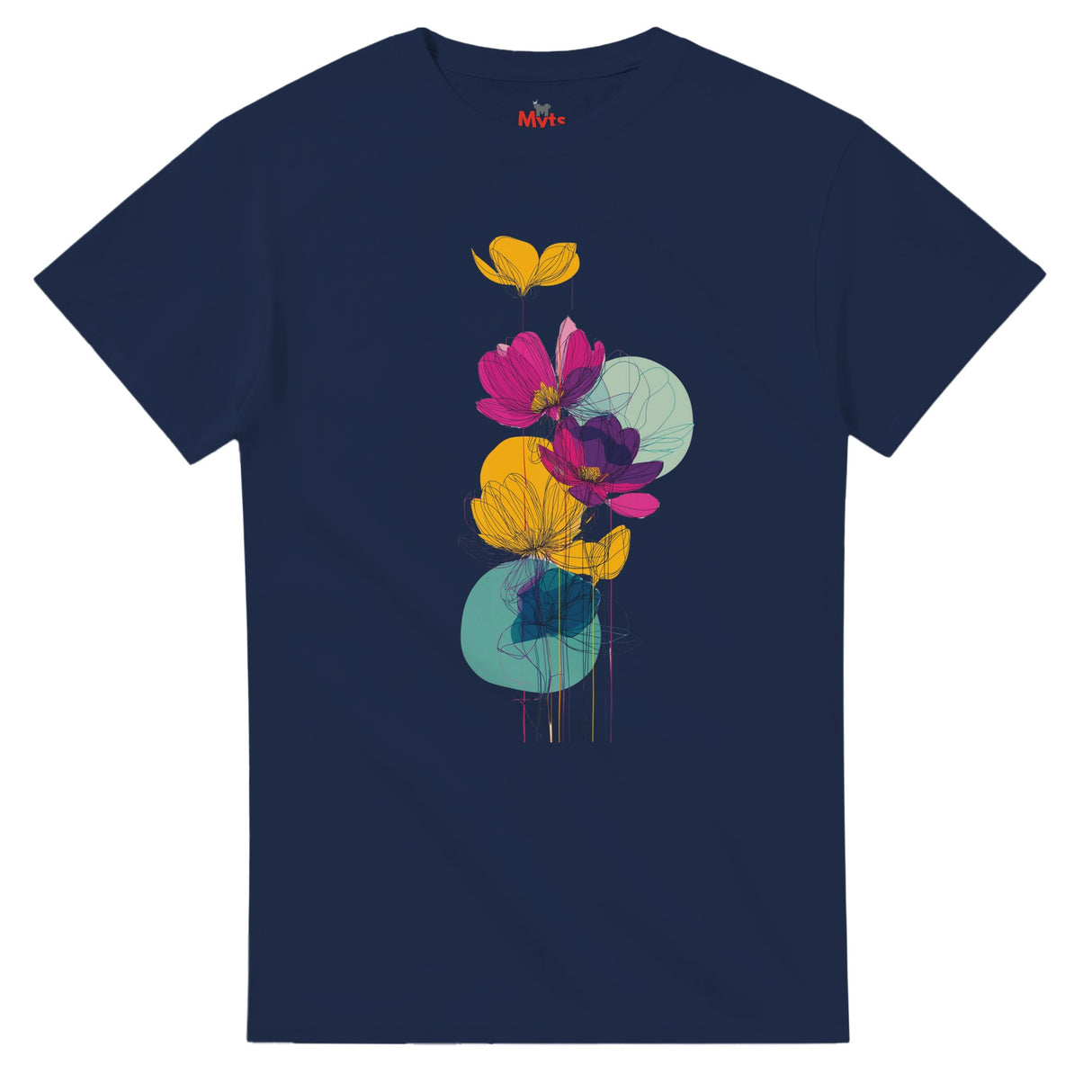 Navy blue t-shirt with colorful floral design on a white background