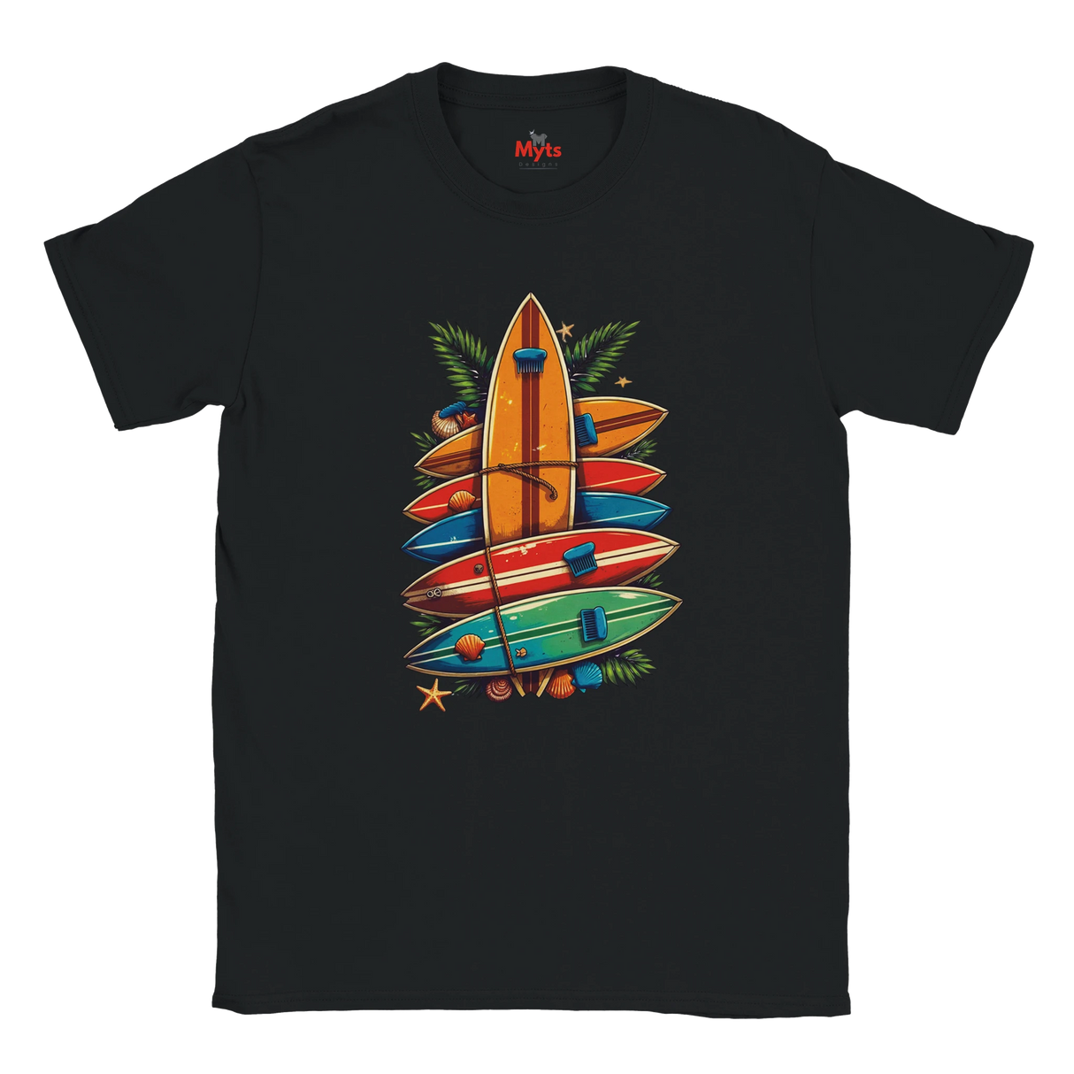 Black t-shirt with colorful surfboard design on a white background