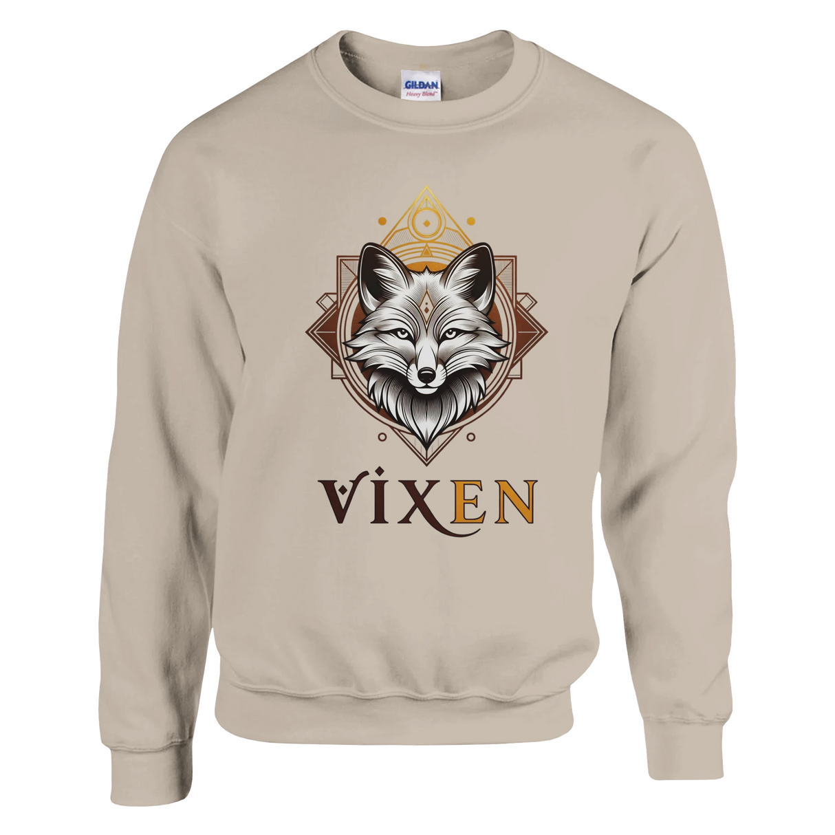 Sand sweatshirt with a fox design and 'Vixen' text on a white background