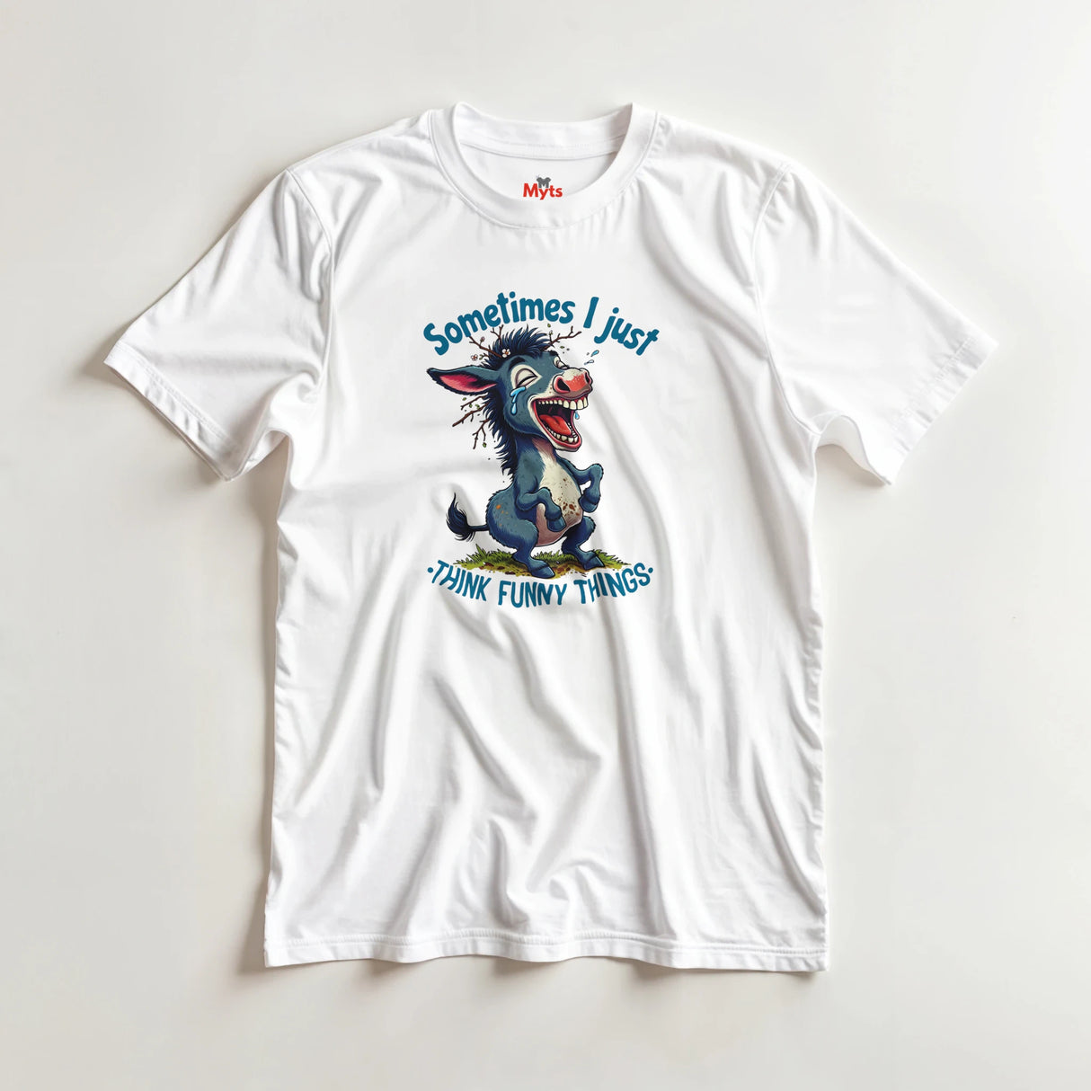 White t-shirt with cartoon donkey graphic and text on a light gray background