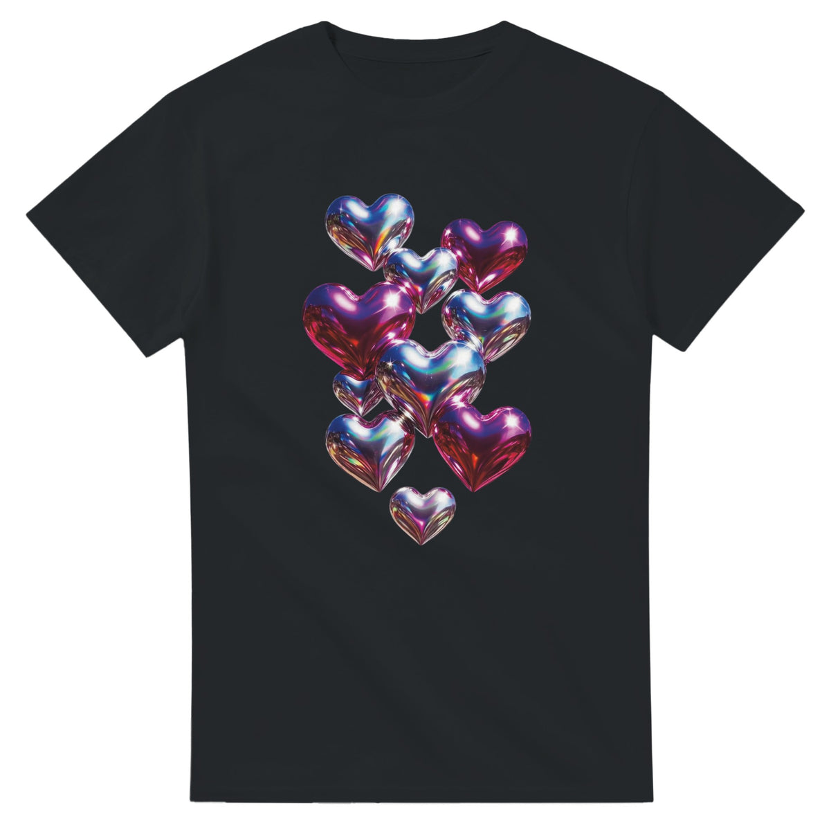 Black t-shirt with colorful heart-shaped balloons design on a white background